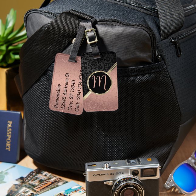 Monogram Ro Guld Glitter och Svarta haveriet Bagagebricka (Fram & Baksida)