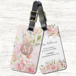 Monogram Ro Guld  Rosa Watercolor Blommigt Bagagebricka