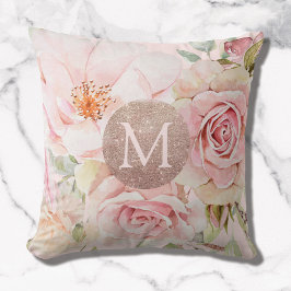 Monogram Ro Guld  Rosa Watercolor Blommigt Kudde