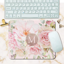 Monogram Ro Guld  Rosa Watercolor Blommigt Musmatta
