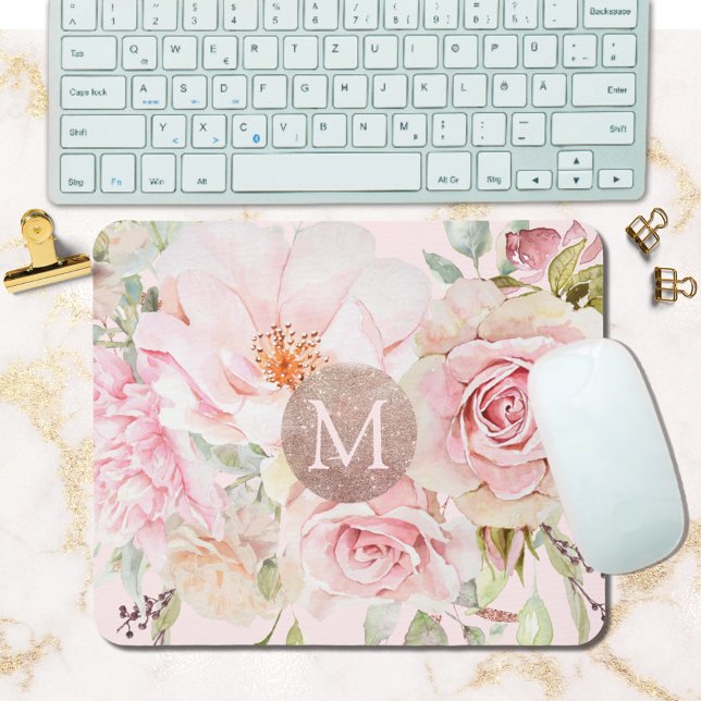 Monogram Ro Guld  Rosa Watercolor Blommigt Musmatta (In situ)
