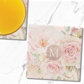 Monogram Ro Guld Rosa Watercolor Blommigt Stenunderlägg