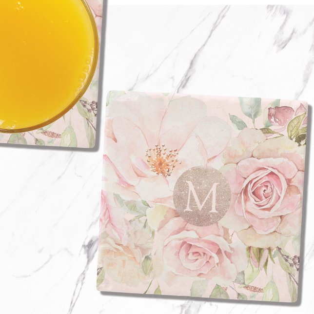 Monogram Ro Guld  Rosa Watercolor Blommigt Stenunderlägg (In situ)