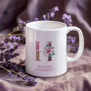 Monogram Ro Guld vattenfärgsblomma Brev H Kaffemugg