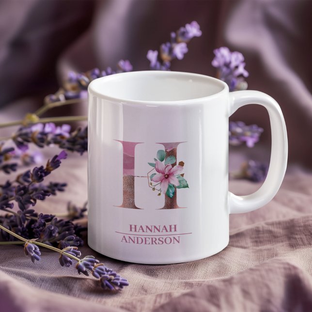 Monogram Ro Guld vattenfärgsblomma Brev H Kaffemugg (Skapare uppladdad)