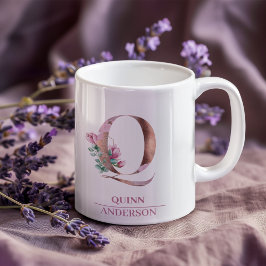 Monogram Ro Guld vattenfärgsblomma Brev Q Kaffemugg