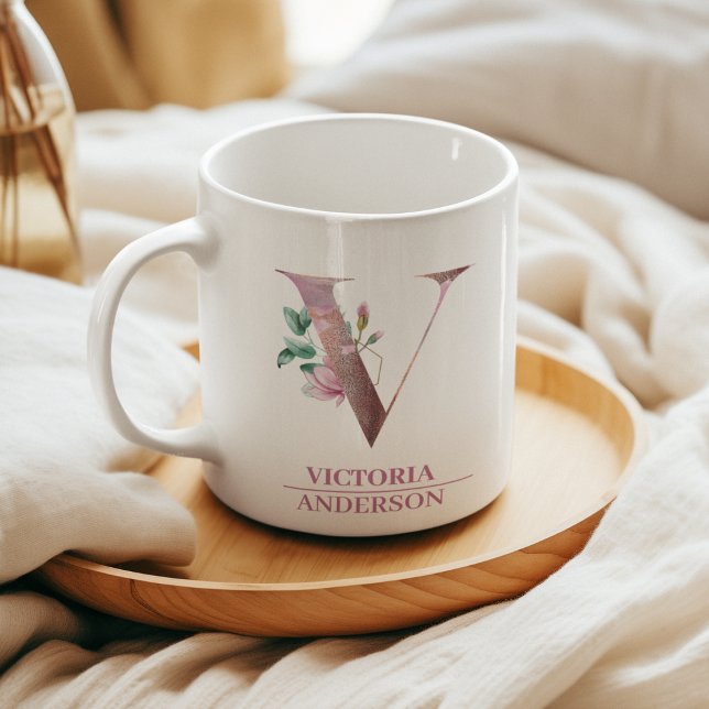 Monogram Ro Guld vattenfärgsblomma Brev V Kaffemugg (Skapare uppladdad)