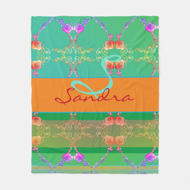 Monogram Ro Heart Apricot teal och Moss Fleecefilt (Framsidan)