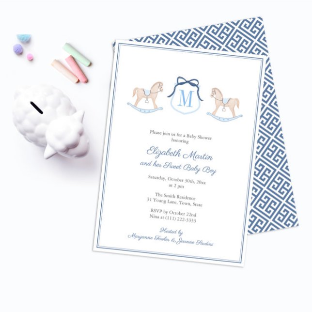 Monogram Rocking Horse Baby Shower för Boy Party Inbjudningar (Preppy Navy Blue And White Watercolor Wooden Rocking Horse Baby Shower Invitation for boy)