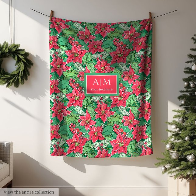 Monogram röd akvarell preppy julfilt fleecefilt (Monogram red watercolor preppy Christmas fleece wrap)
