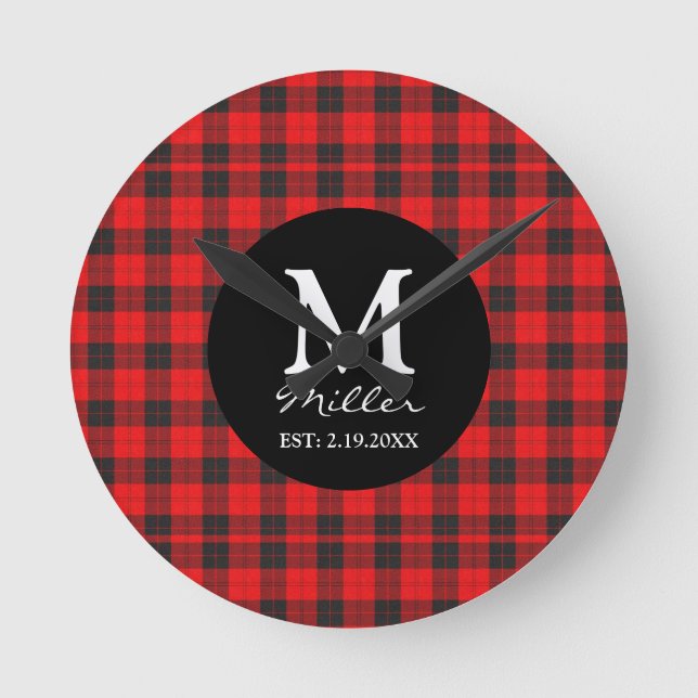Monogram röd Buffalo-rutig rund väggklocka (Framsida)
