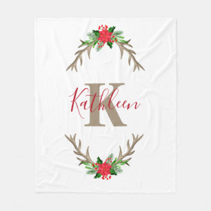 Monogram Röd Grön Jul Blommig Hjorthorn Fleecefilt