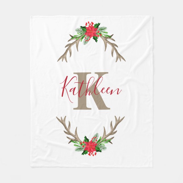 Monogram Röd Grön Jul Blommig Hjorthorn Fleecefilt (Framsidan)