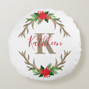Monogram Röd Grön Jul Blommig Hjorthorn Rund Kudde