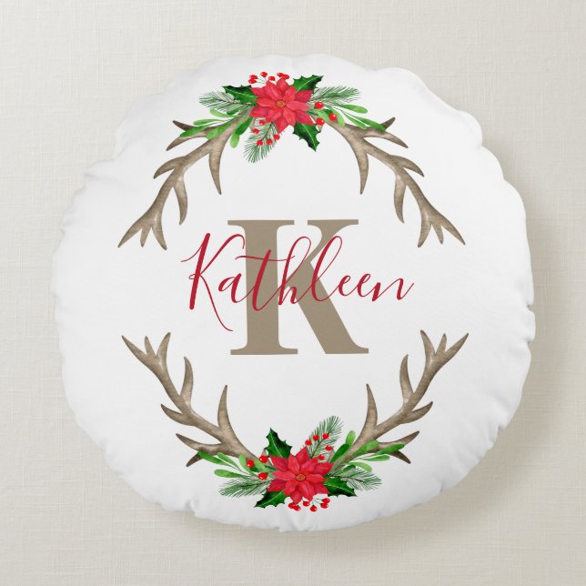 Monogram Röd Grön Jul Blommig Hjorthorn  Rund Kudde (Framsidan)