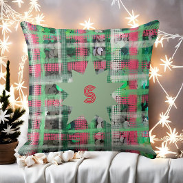 Monogram röd grönt grått- vit festive star kudde
