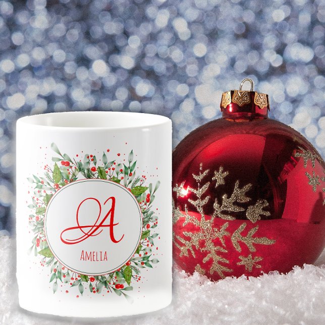 Monogram Röd jul, elegant brev, kaffe Mugg (Skapare uppladdad)