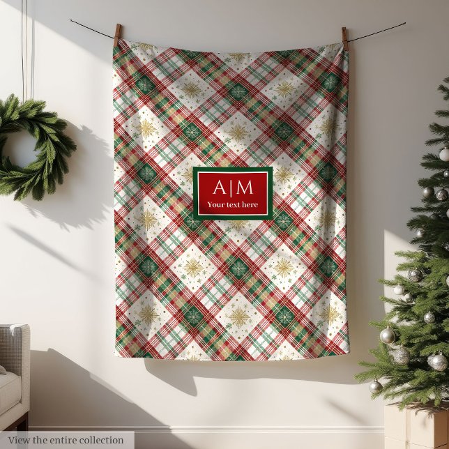Monogram röd och grön akvarell festlig filt (Monogram red and green watercolor festive blanket)
