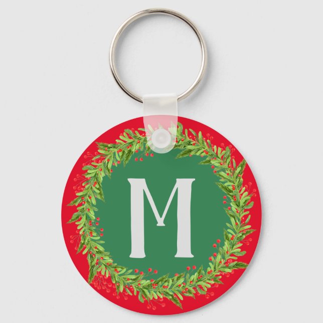 Monogram Röd och Grönt Julkrans Nyckelring (Framsida)