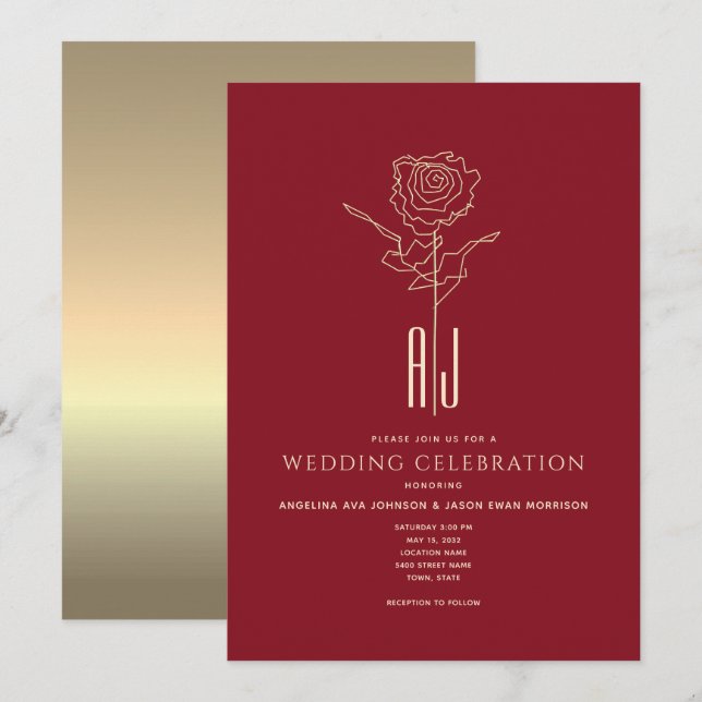 Monogram röd och guld bröllopsinbjudan inbjudningar (Fram/baksida)