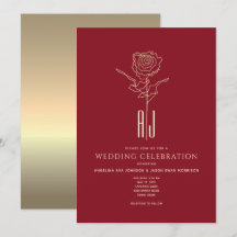 Monogram röd och guld bröllopsinbjudan