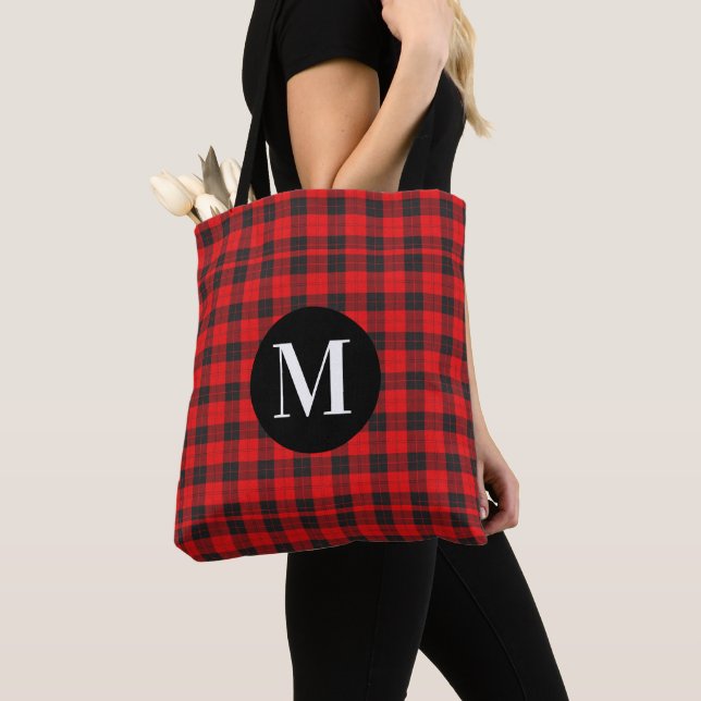 Monogram röd rutig handväska tygkasse (Närbild)