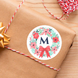 Monogram Röd Slinga Blommig Krans Jul Runt Klistermärke
