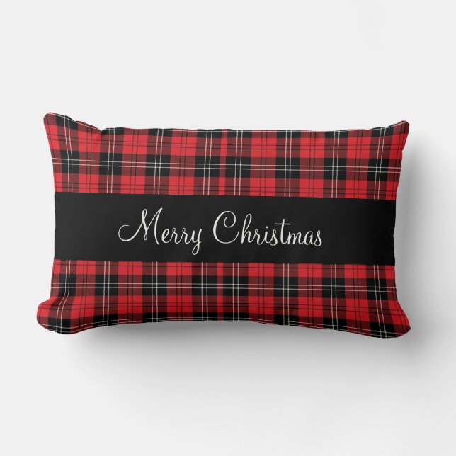 Monogram röd svart vit Tartan Buffalo Plaid Lumbarkudde (Framsida)