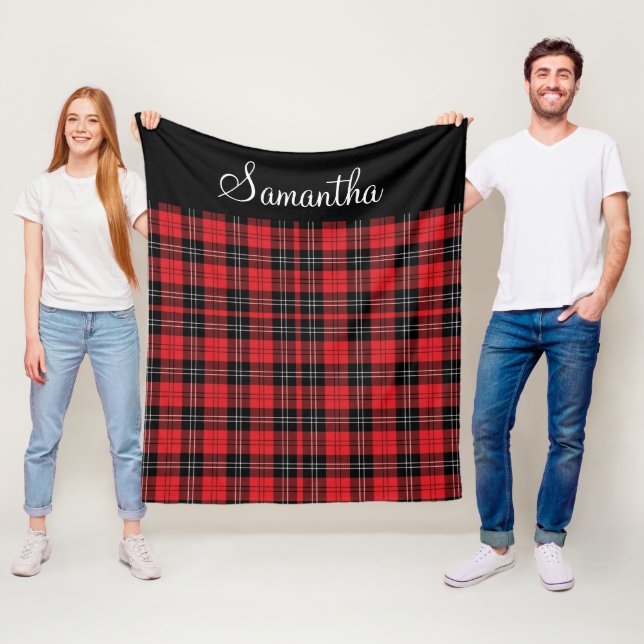Monogram röd svart vit Tartan Buffalo-rutig Fleecefilt (På plats)