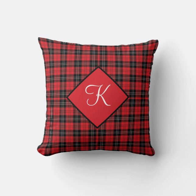 Monogram röd svart vit Tartan Buffalo-rutig  Kudde (Framsida)