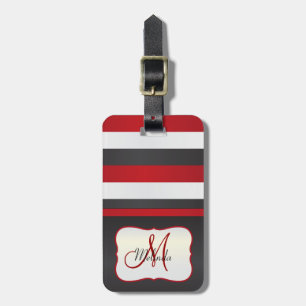 Monogram röd , svart vitrandar bagagebricka