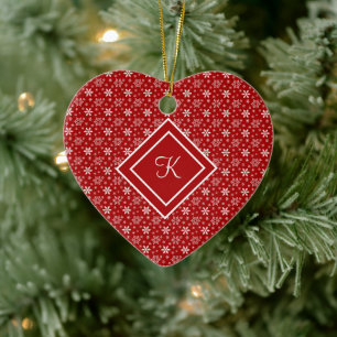 Monogram Röd Vit Snöflinga Jul Högtid   Julgransprydnad Keramik