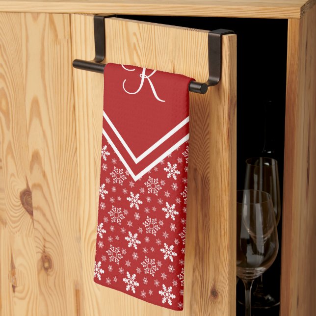 Monogram Röd Vit Snöflinga Vinter Högtid Kökshandduk (Thirds Fold)