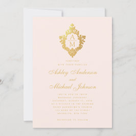 Monogram Röda Falskt Guld Blommig Vapen Rosa Bröll Inbjudningar