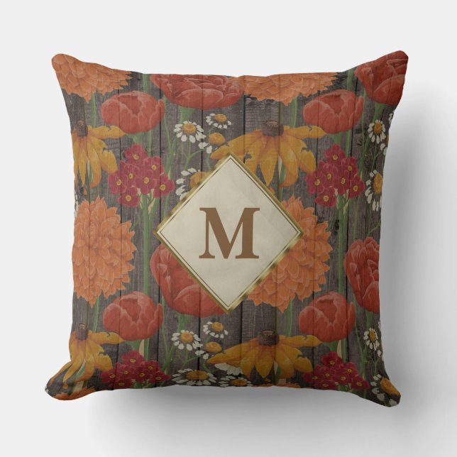 Monogram röda orange blommor och prästkragar Brunt Kudde (Framsida)