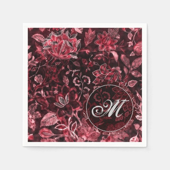 Monogram Röda Vintage Blommiga Servetter (Framsidan)