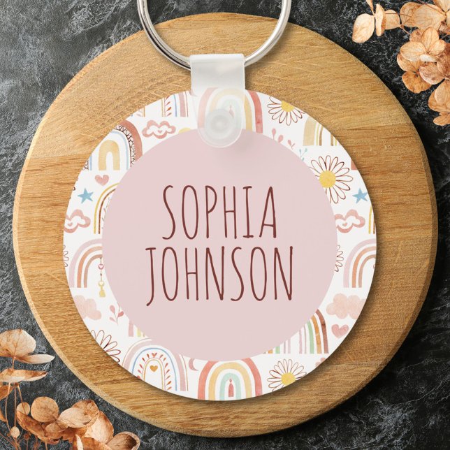 Monogram Roliga Färgglada Regnbågar och Tusensköno Nyckelring (Close up)