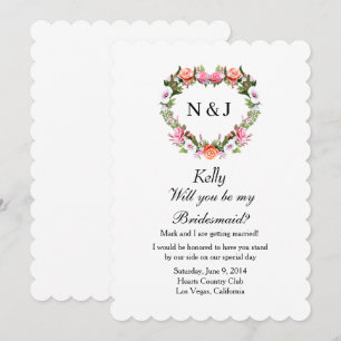 Monogram Romantic Ro Blommigt Heart Bridesmaid Inbjudningar
