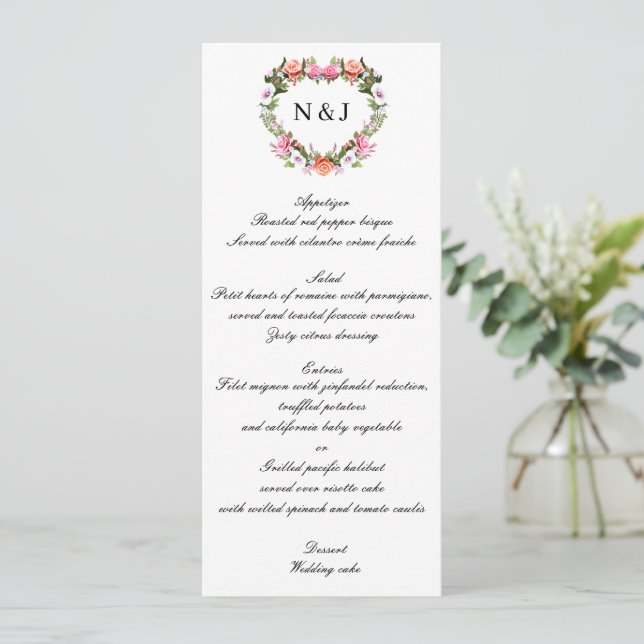 Monogram Romantic Ro Blommigt Heart Bröllop Menu Meny (Stående Fram)