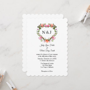 Monogram Romantic Ro Blommigt Heart Inbjudningar