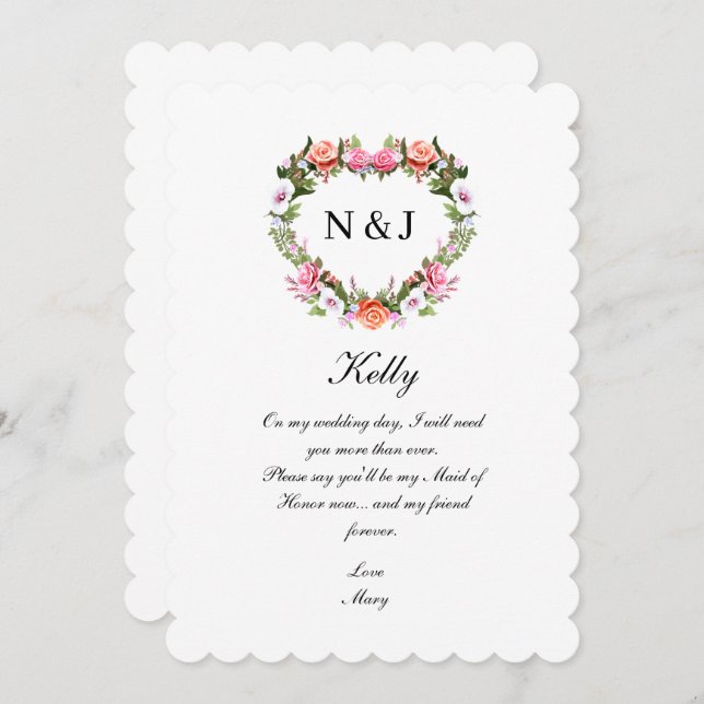 Monogram Romantic Ro Blommigt Heart Maid of honor Inbjudningar (Fram/baksida)