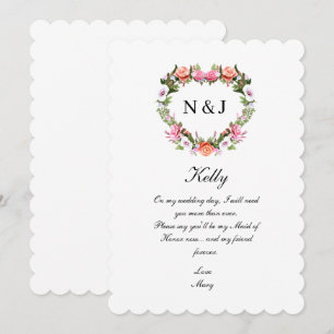 Monogram Romantic Ro Blommigt Heart Maid of honor Inbjudningar
