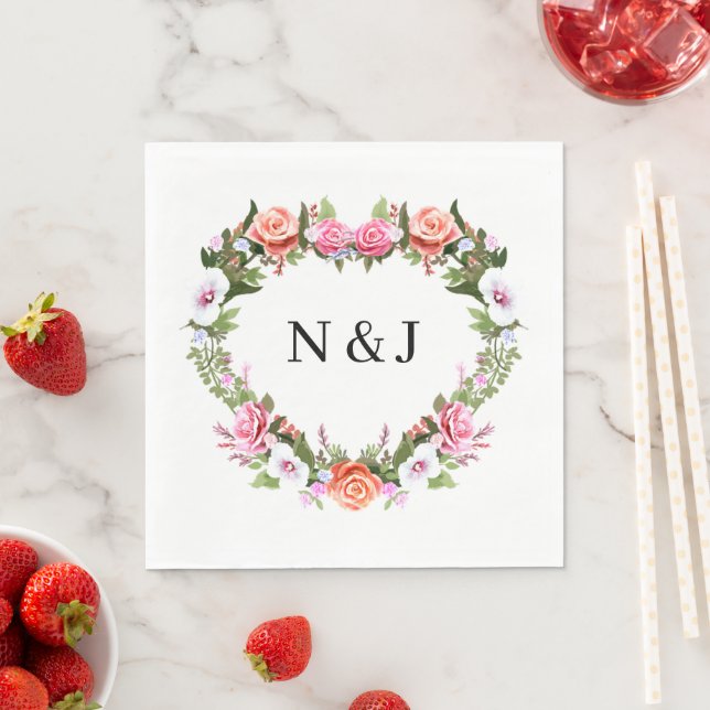 Monogram Romantic Ro Blommigt Heart Pappersservett (Insitu)