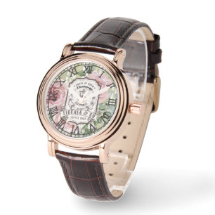 Monogram romantisk rosa och grön botanisk fransk armbandsur