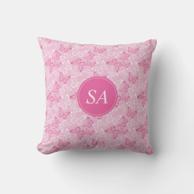Monogram Romantiska Rosa och Vita Fjärilar Kudde (Framsida)