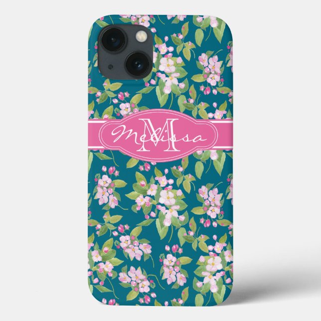 Monogram Rosa Apple Blommar på Mörk blått (Baksida)