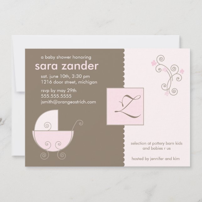 Monogram Rosa Baby Carriage Shower bjudning Inbjudningar (Framsida)