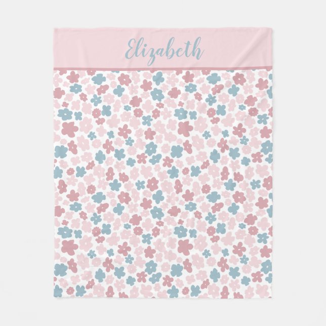 Monogram Rosa Blå Blommig Modern Boho Trendig Pres Fleecefilt (Framsidan)