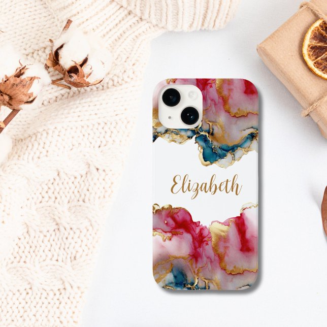 Monogram Rosa Blå Guld Tvätt Akvarell Abstrakt (Pink blue gold alcohol ink watercolor wash Monogrammed iPhone case, iPhone 16, 15. 14 13 12 11)