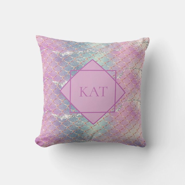 Monogram Rosa Blå Silver Glitter Mermaidfjäll Kudde (Framsida)